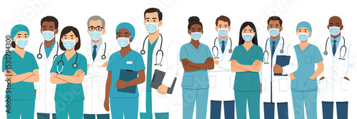 Healthcare professionals stand united in a modern medical setting showcasing teamwork and dedication during a busy workday