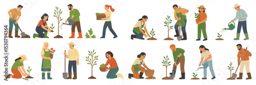 Volunteers participating in community gardening activities focused on planting trees and nurturing plants in a sunny outdoor setting