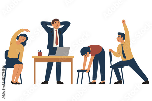 Employees practicing stretching and relaxation techniques during a break in the office for improved wellness and productivity