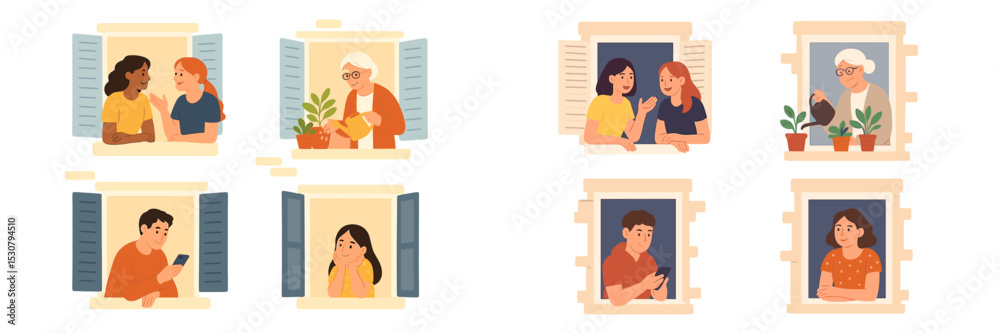 Fototapeta premium Group of friends and family members enjoying conversations from their windows during a sunny afternoon