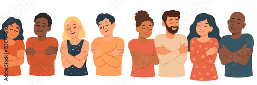 Group of diverse individuals practicing self-care and mindfulness through a warm embrace at a casual gathering