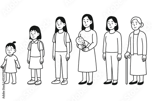 Family members representing different ages from toddler to elderly with a new baby in a simple drawing style