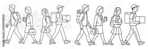 City dwellers engaging in various activities while walking in a bustling urban environment