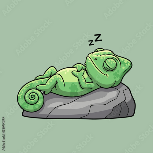 Lush Green Chameleon Resting Calmly on a Rock Conveys Serenity and Nature Experience