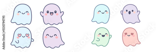 Colorful cartoon ghosts expressing various emotions in a cheerful arrangement on a light background