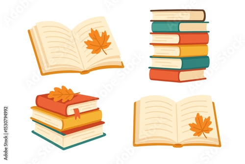 Colorful stacked books and open books with leaves on pages captured in a cozy autumn theme