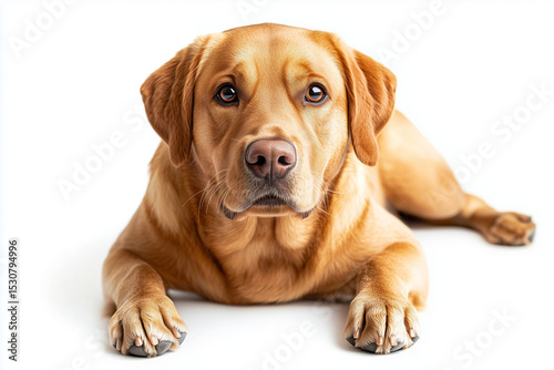 Golden Labrador Retriever Lying Down with Paws Forward on a White Background Looking Up