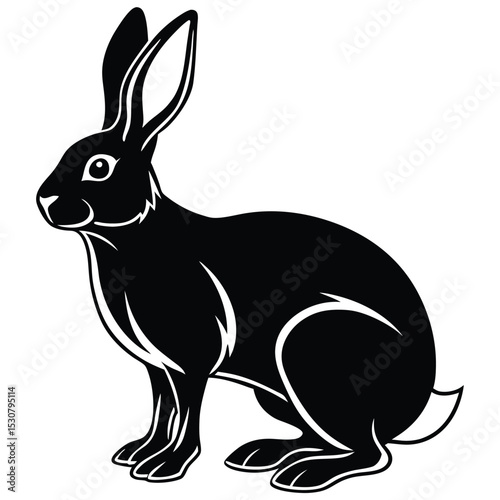 A stylized black rabbit sits alertly with its tall ears perked up high
