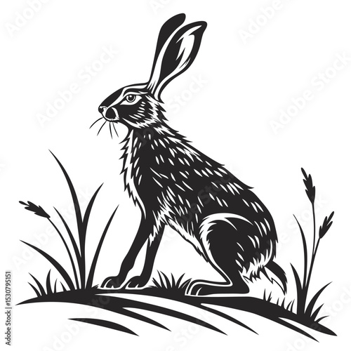 Black hare sits gracefully amidst the grassy terrain, showcasing its long ears and distinctive fur pattern
