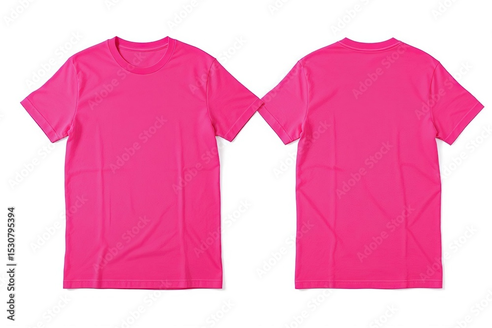 Bright pink t-shirt, front and back views on a white background. Bright pink t-shirt, front and back views on a white background.