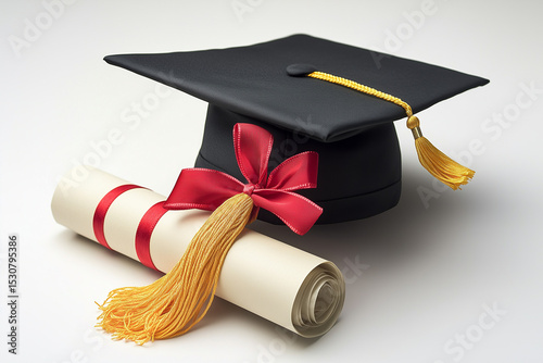 Graduation Mortarboard with Gold Tassel and Diploma Tied with Red Ribbon on White Background