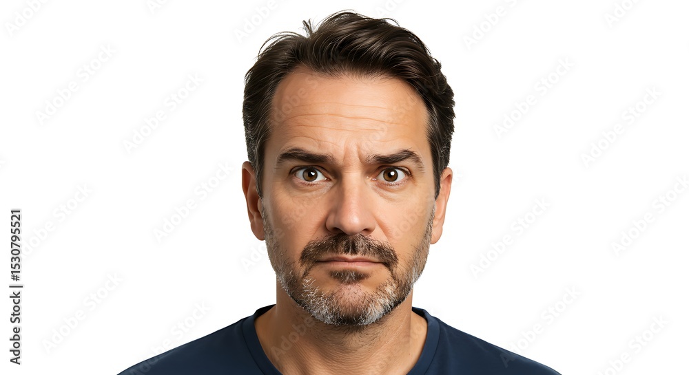 Fototapeta premium Serious Man Looking Intently with Brown Hair and Beard on White Background