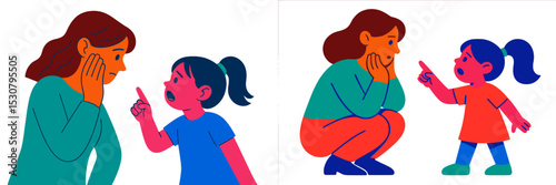 Child having a serious conversation with an adult in a colorful illustration showing connection and communication