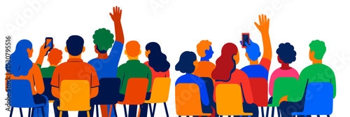 Audience engages in interactive session at a seminar with raised hands for questions or participation