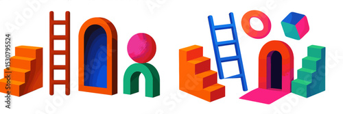 Colorful geometric shapes and structures create a playful scene in a bright setting with stairs, arches, and blocks