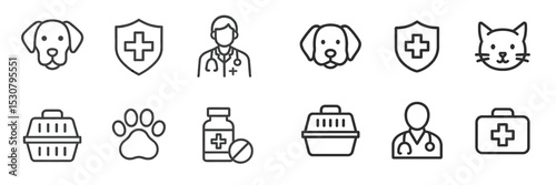 Icons representing pet health care and veterinary services with various symbols for animals and medical assistance