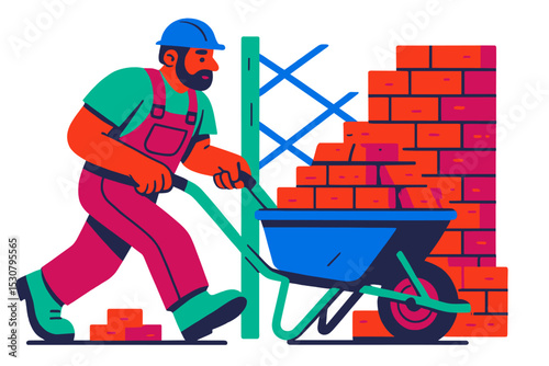 Construction worker transporting bricks using a wheelbarrow at a building site in an urban area during daylight hours