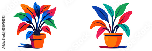 Colorful potted plants with vibrant leaves showcase artistic design and creativity in a bright, cheerful environment