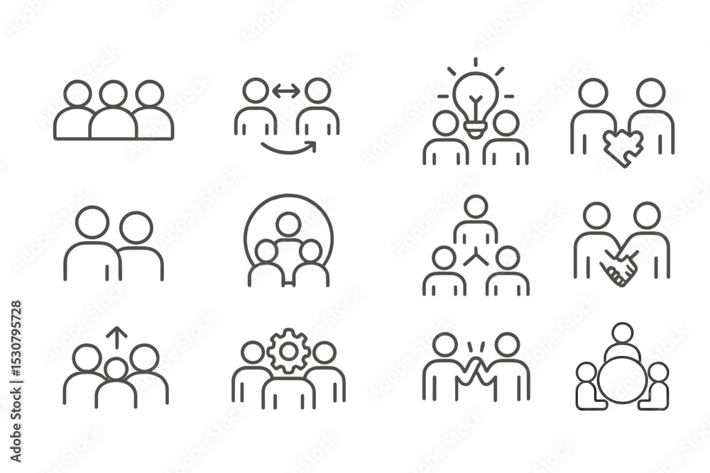 Obraz premium Variety of hand-drawn icons representing teamwork, collaboration, and idea sharing in a digital format