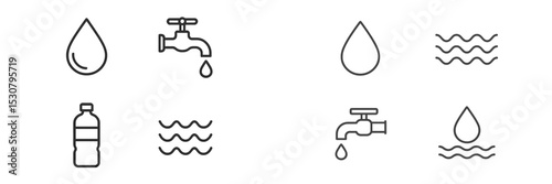 Symbols representing water conservation with various water-related icons and their meanings in a simple graphic design