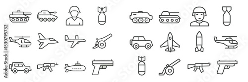 Military icons depicting various types of vehicles, weapons, and personnel in a minimalist design
