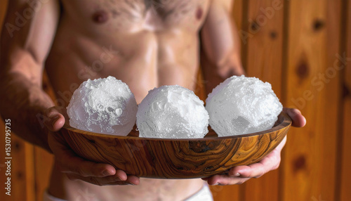 An Aufgussmaster in a sauna holds a bowl of ice, ready for a wellness and purification session.