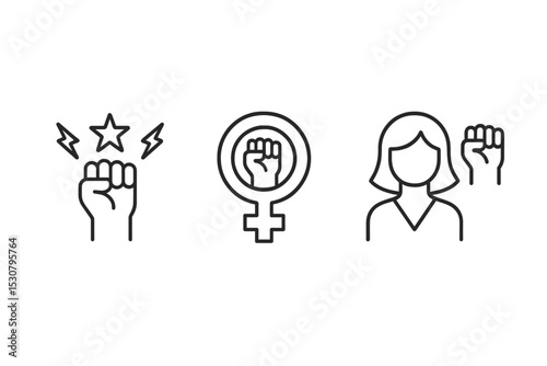 Symbols of empowerment and gender equality represented through fists and icons in a minimalist design