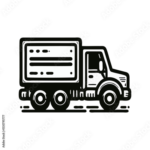 Stylized Black And White Illustration Of A Delivery Truck With A Simplified Graphic Design