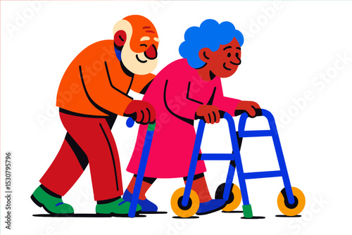 Elderly couple enjoying a walk with walkers in a vibrant and cheerful setting