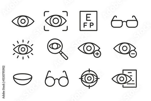 Collection of simple eye care and vision-related icons in black line art style for health and technology applications