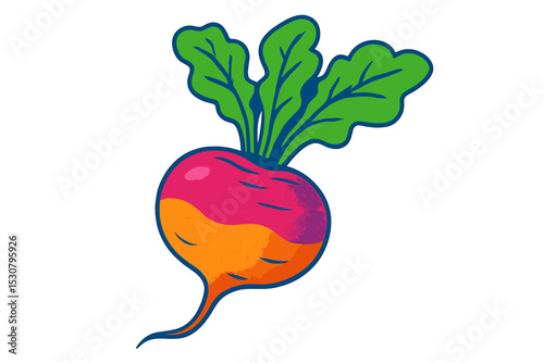 Vibrant illustration of a colorful radish with green leaves and a striking design ideal for kitchen or garden themes