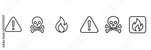 Warning symbols representing hazards including poison, fire, and caution in a clear and informative layout