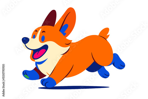 Playful corgi running across a bright background during a sunny afternoon