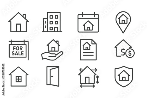 Icons representing real estate concepts such as buying, selling, and property management in a minimalistic design style
