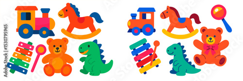 Colorful toy collection featuring train, rocking horse, dinosaurs, and teddy bears on a white background