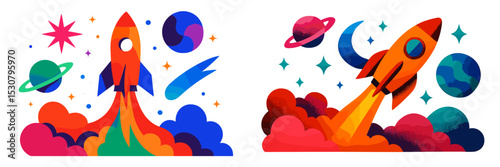 Colorful rocket illustrations launching into space with planets and stars in a vibrant cosmic setting