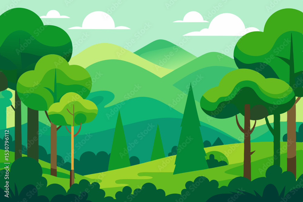 Obraz premium Vibrant Cartoon Forest Landscape Vector - Green Nature Background with Hills & Trees