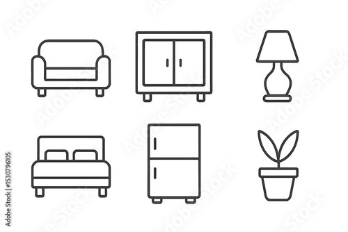 Home interior elements including a sofa, cabinet, lamp, bed, refrigerator, and plant arranged in a minimalist style
