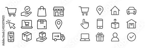 Collection of various shopping and delivery icons representing e-commerce and consumer activities