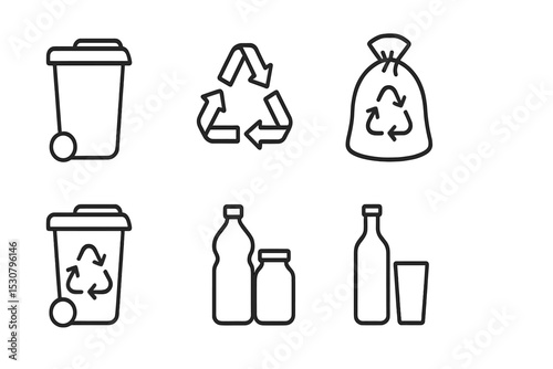 Recycling symbols and waste management items displayed on a white background for environmental awareness and sustainability education