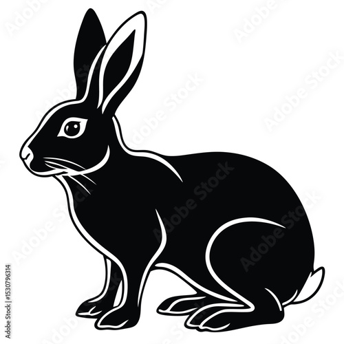 Isolated black silhouette of a hare sitting with long ears facing towards the left side