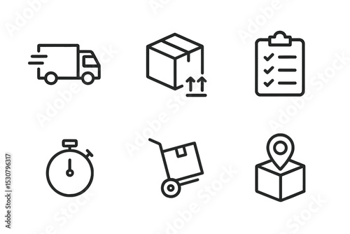 Fast delivery service icons featuring a truck, package, checklist, timer, cart, and location marker for logistics