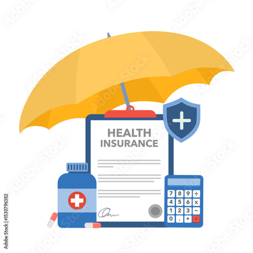 Business Insurance Concept. Policy Guarantee Business. 3D render illustration with Check Marks, Umbrella, Shield and checklist. Health insurance, Healthcare, finance and medical service