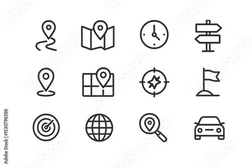 Collection of travel icons representing navigation, time, and exploration in a simple design