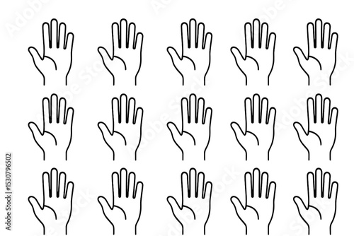 Variety of raised hands displayed in a grid pattern showcasing different angles and positions for educational purposes