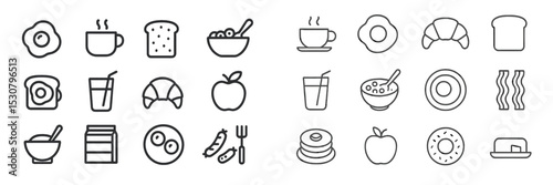 Breakfast icons collection featuring various foods and drinks ideal for morning meals