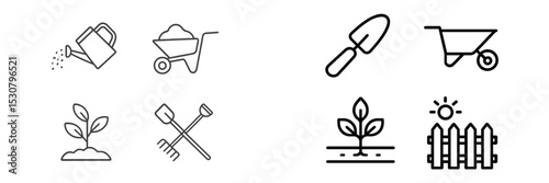 Gardening tools and symbols for landscaping and plant care in a minimalistic design
