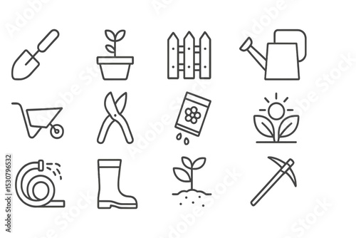 Tools and symbols for gardening and plant care in a minimalist design with various gardening elements