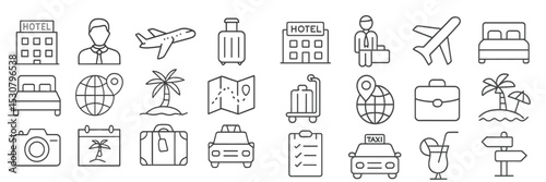 Vacation planning essentials with travel icons representing hotels, flights, and activities