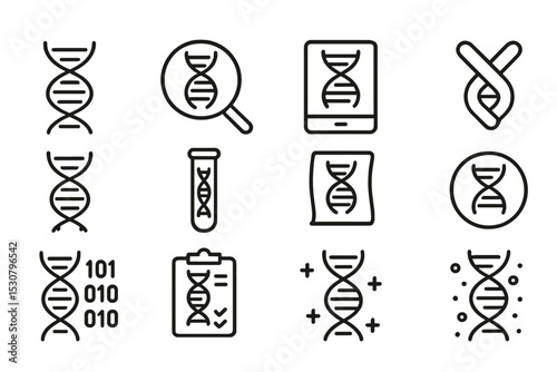 Collection of DNA themed icons representing genetic research and biotechnology activities